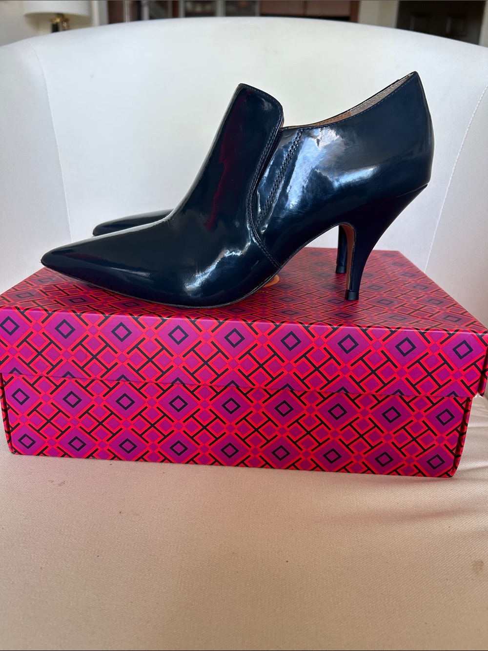 Tory Burch Black Patent Pointed Heel Booties